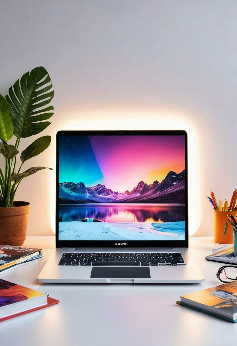 A visually captivating workspace featuring a stylish laptop reflecting a vibrant digital landscape, surrounded by creative storytelling elements like books, sketches, and a colorful digital screen. Incorporate dynamic lighting that symbolizes inspiration and innovation. Add subtle hints of technology and creativity, such as graphic design tools and storytelling icons. super-realistic. vibrant colors. white background.
