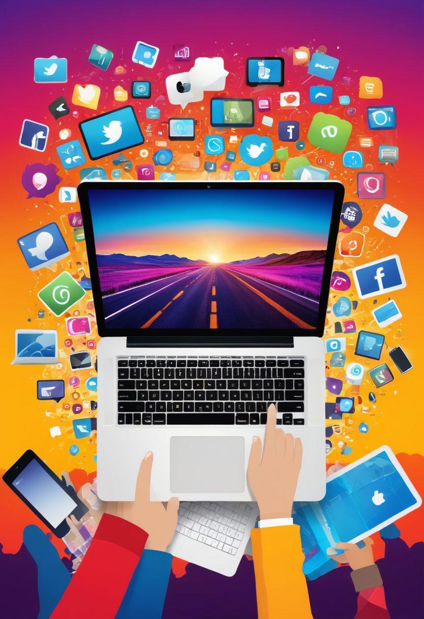 A vibrant and dynamic digital landscape, showcasing a diverse group of bloggers passionately creating content with laptops and tablets, surrounded by colorful social media icons and captivating imagery. The background should feature abstract digital elements like pixels and waves symbolizing the online journey, with a bright sky and open road ahead. The scene should convey creativity, collaboration, and modernity, emphasizing the joy of blogging. vector art. bright colors.