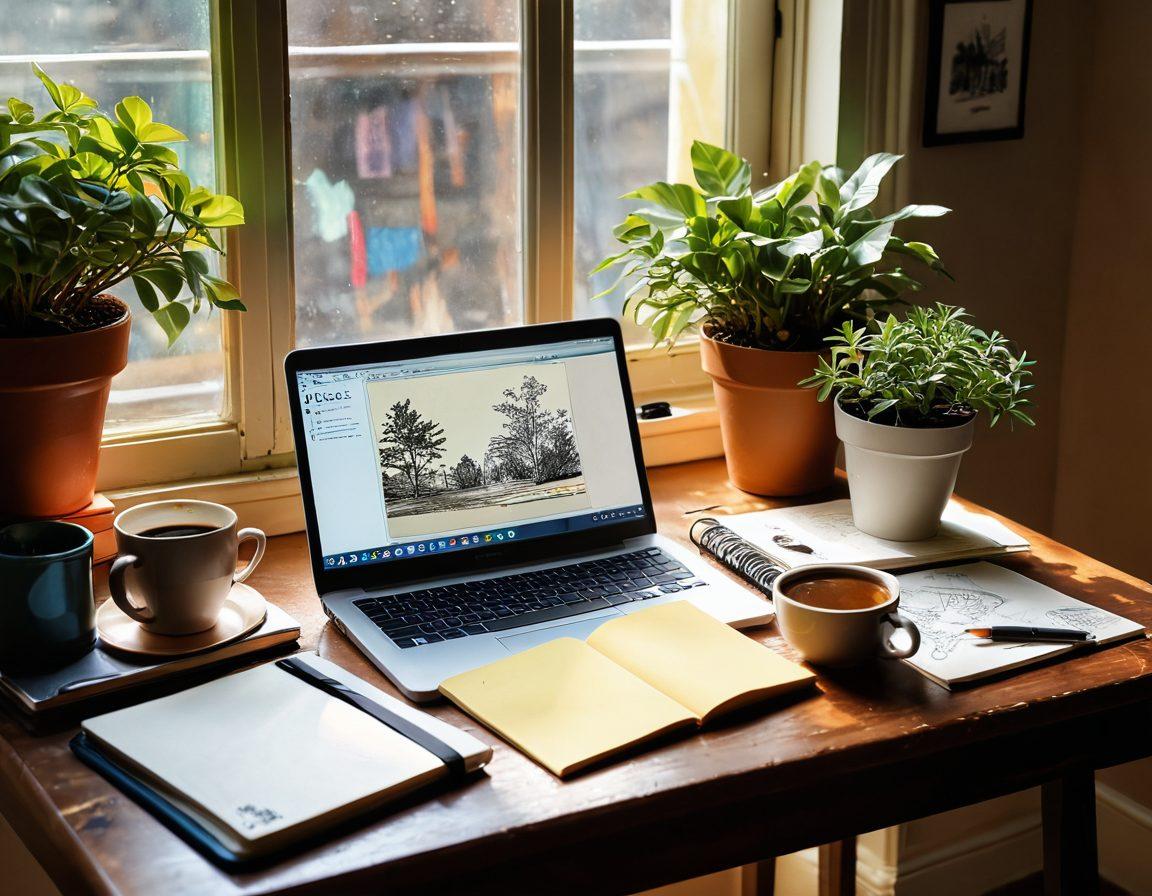 A vintage desk with an open laptop displaying a digital diary on the screen, surrounded by colorful notebooks, markers, and a steaming cup of coffee. Soft sunlight filters through a nearby window, illuminating a potted plant and artistic sketches scattered around. The scene evokes a warm and inviting atmosphere for creativity and self-expression. painting. warm colors. natural lighting.